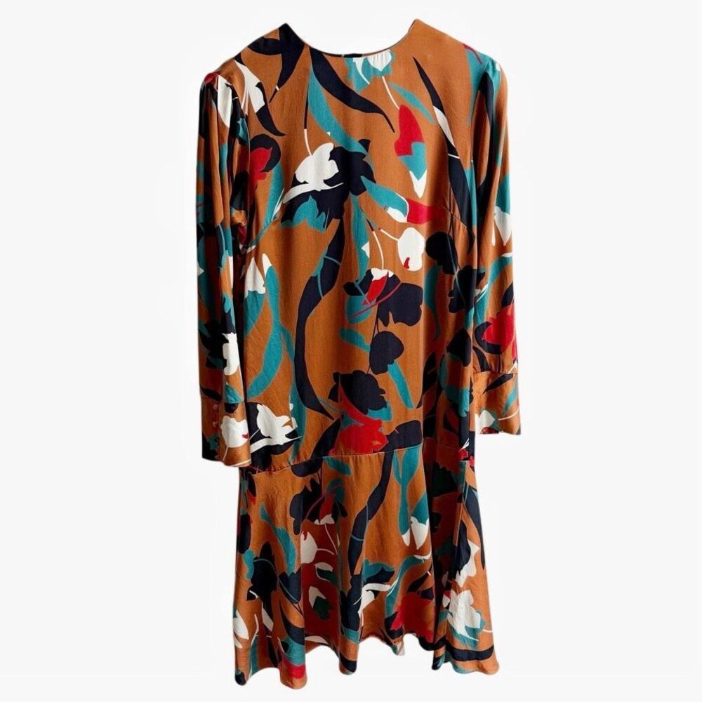 CHRISTY LYNN Silk Floral Dress Size Medium Drop Waist Luxury Brown Red Teal - Picture 3 of 16